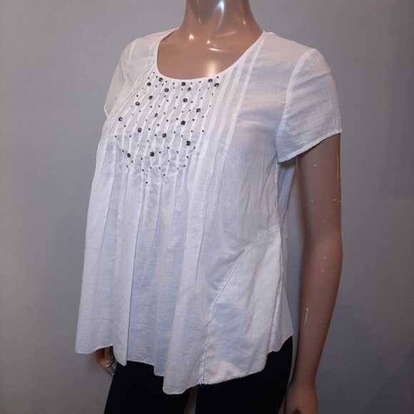 REBECCA TAYLOR Pintucked Blouse Short Sleeve Smoky Gem Embellished A-Line Top - Picture 5 of 14